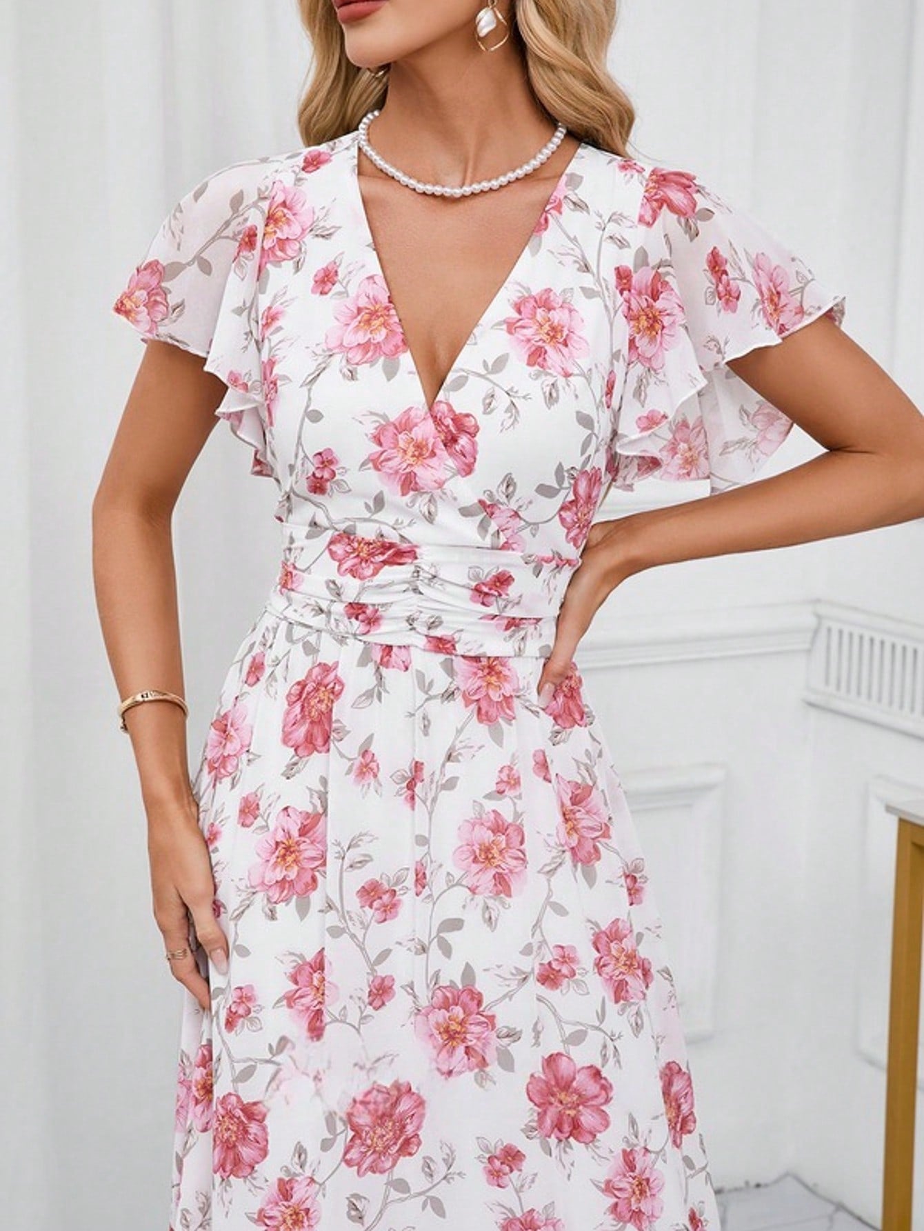 Floral Print V-Neck A-Line Chiffon Maxi Dress
