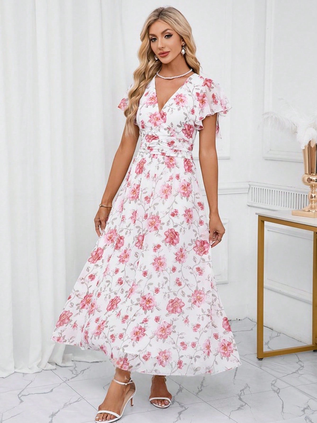 Floral Print V-Neck A-Line Chiffon Maxi Dress