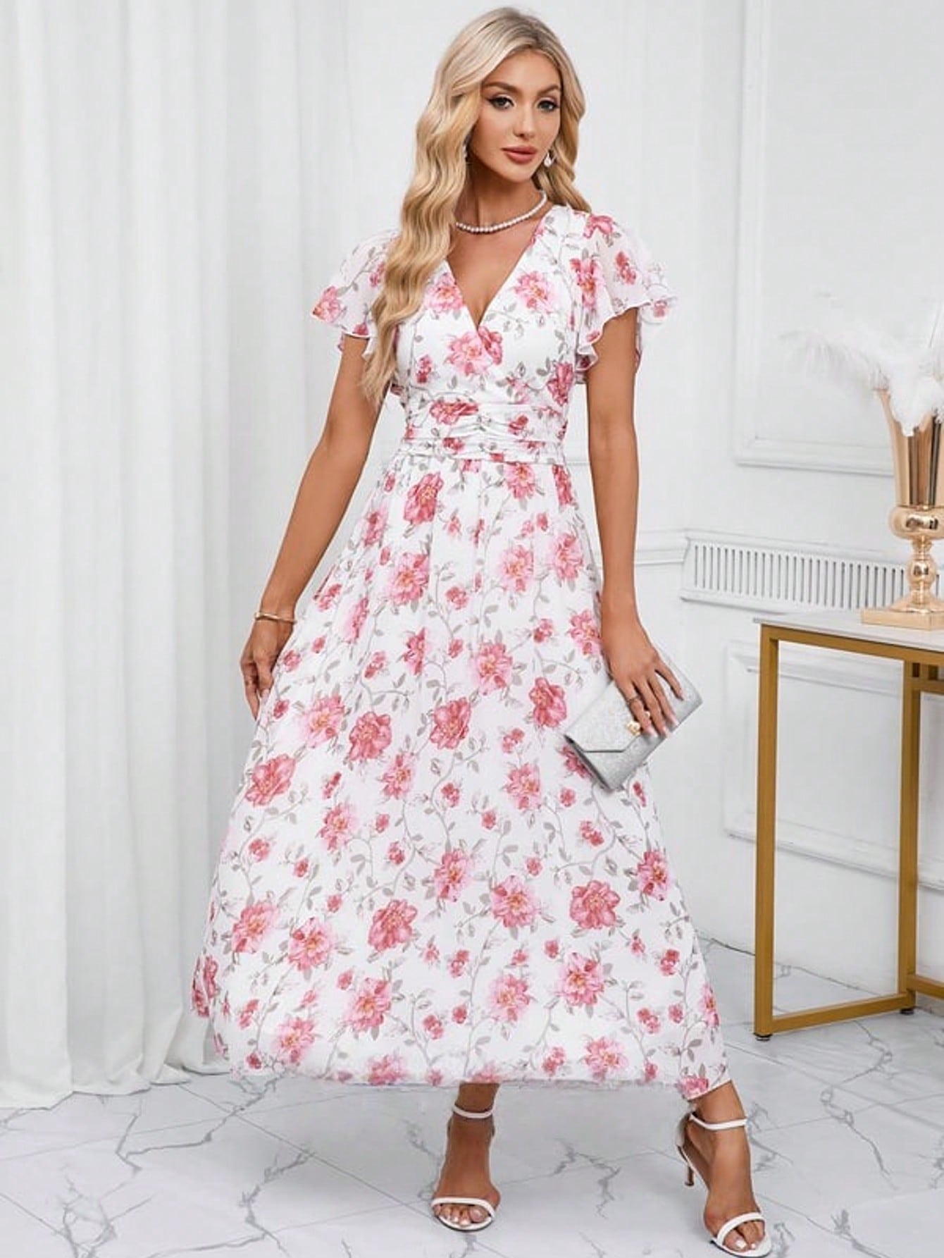 Floral Print V-Neck A-Line Chiffon Maxi Dress