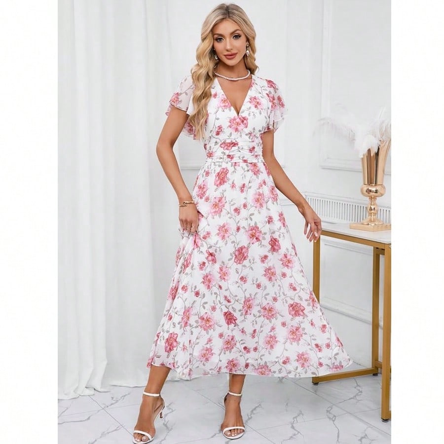 Floral Print V-Neck A-Line Chiffon Maxi Dress