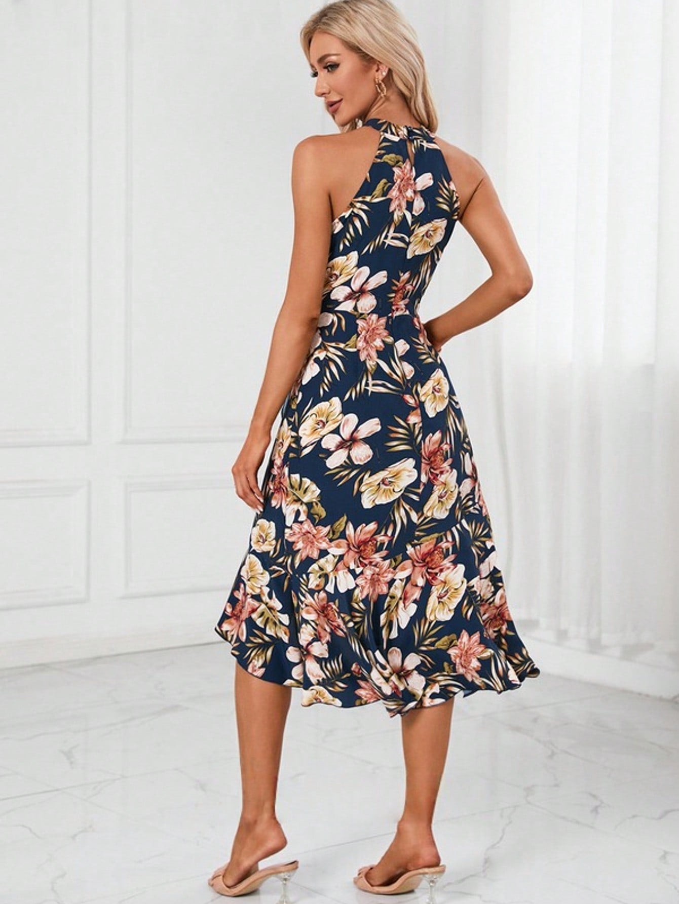 Trumpet/Mermaid Halter Tea-Length Asymmetrical Satin Cocktail Dress With Cascading Ruffles