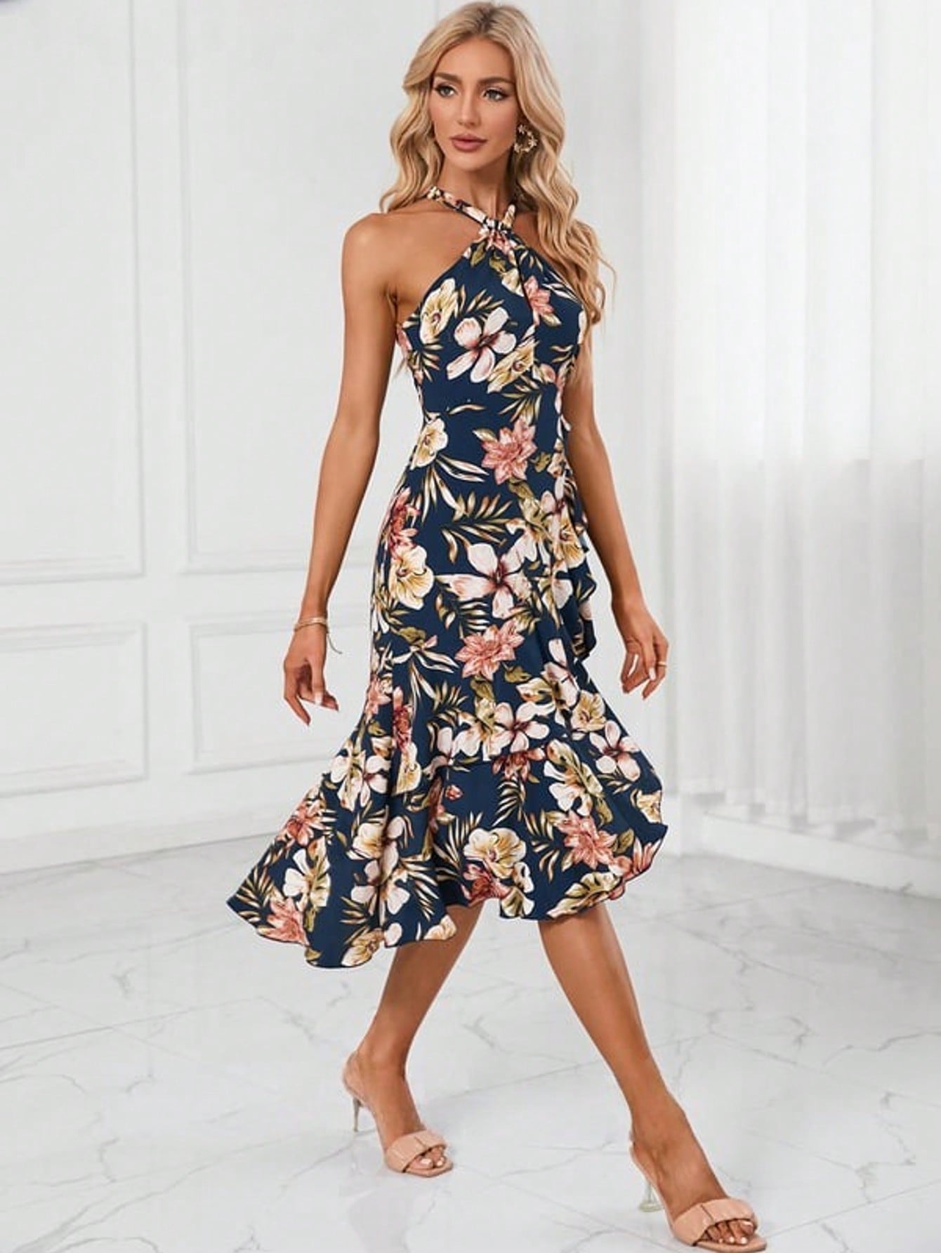 Trumpet/Mermaid Halter Tea-Length Asymmetrical Satin Cocktail Dress With Cascading Ruffles