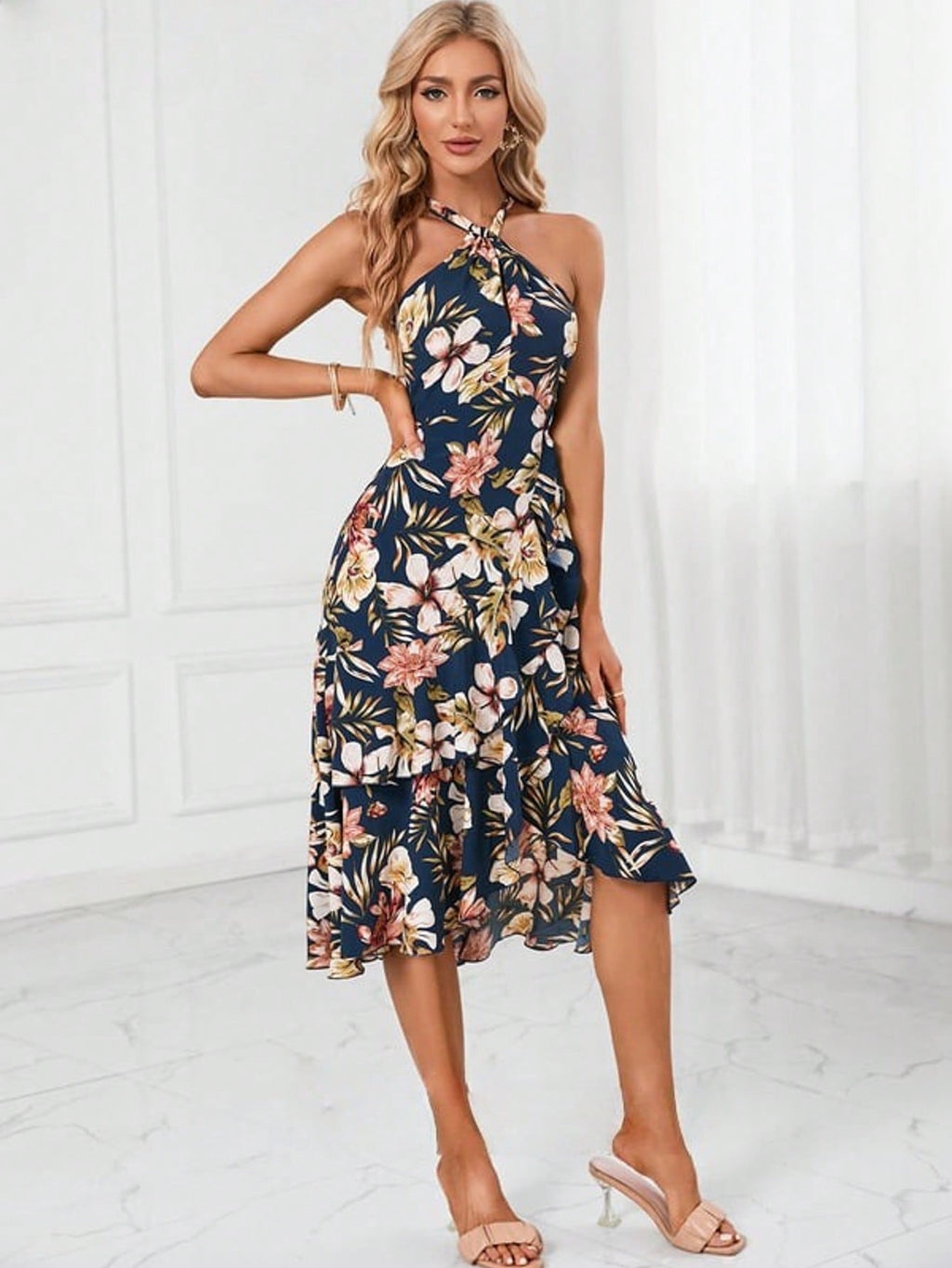 Trumpet/Mermaid Halter Tea-Length Asymmetrical Satin Cocktail Dress With Cascading Ruffles