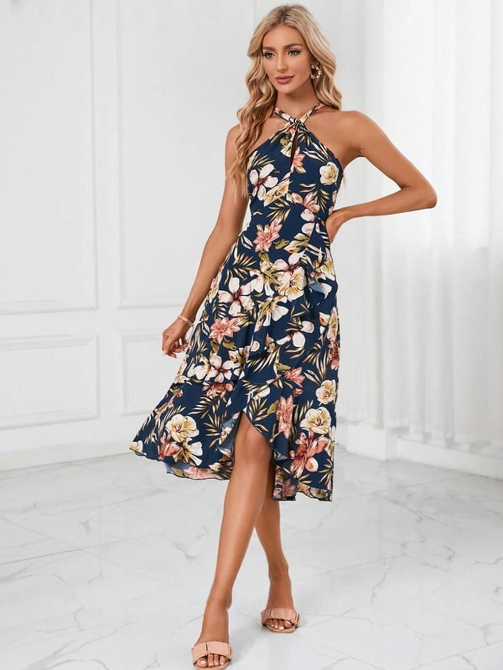 Trumpet/Mermaid Halter Tea-Length Asymmetrical Satin Cocktail Dress With Cascading Ruffles