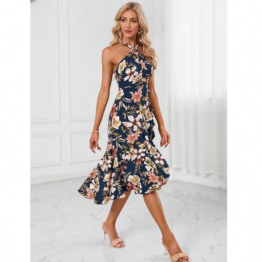 Trumpet/Mermaid Halter Tea-Length Asymmetrical Satin Cocktail Dress With Cascading Ruffles