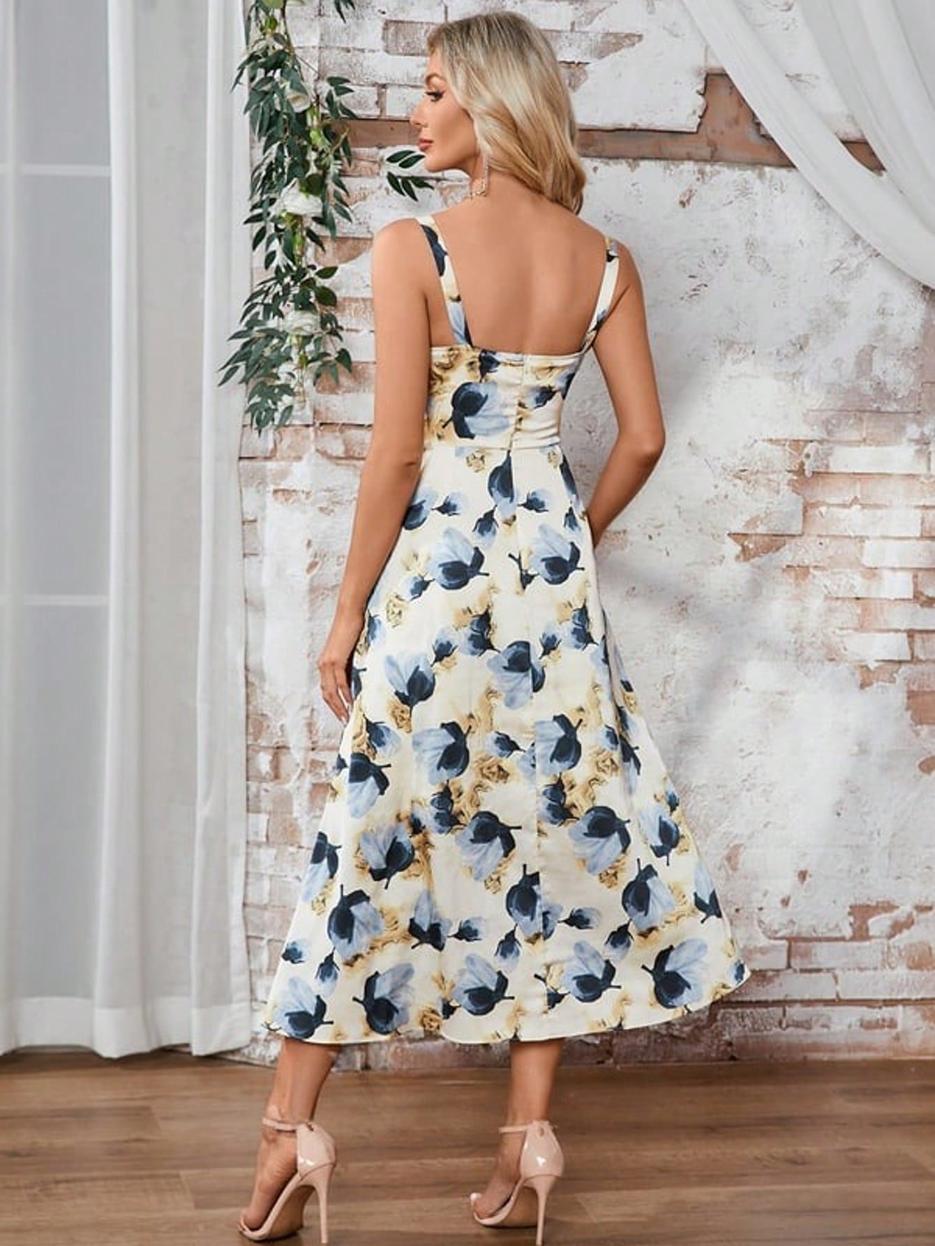 Pleated Floral Print Cowl A-Line Satin Midi Dress