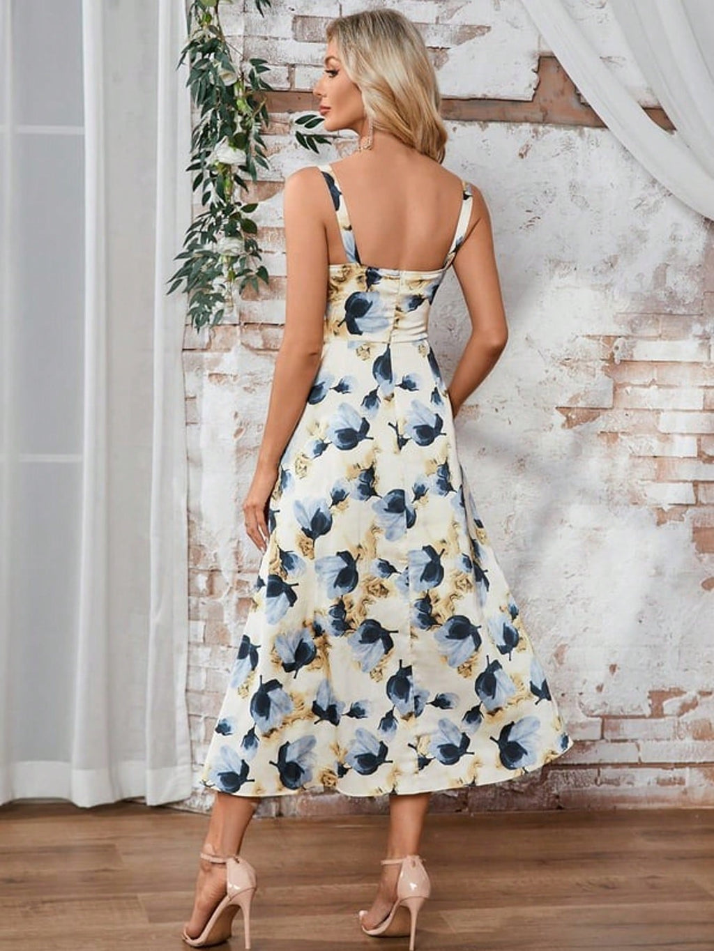 Pleated Floral Print Cowl A-Line Satin Midi Dress