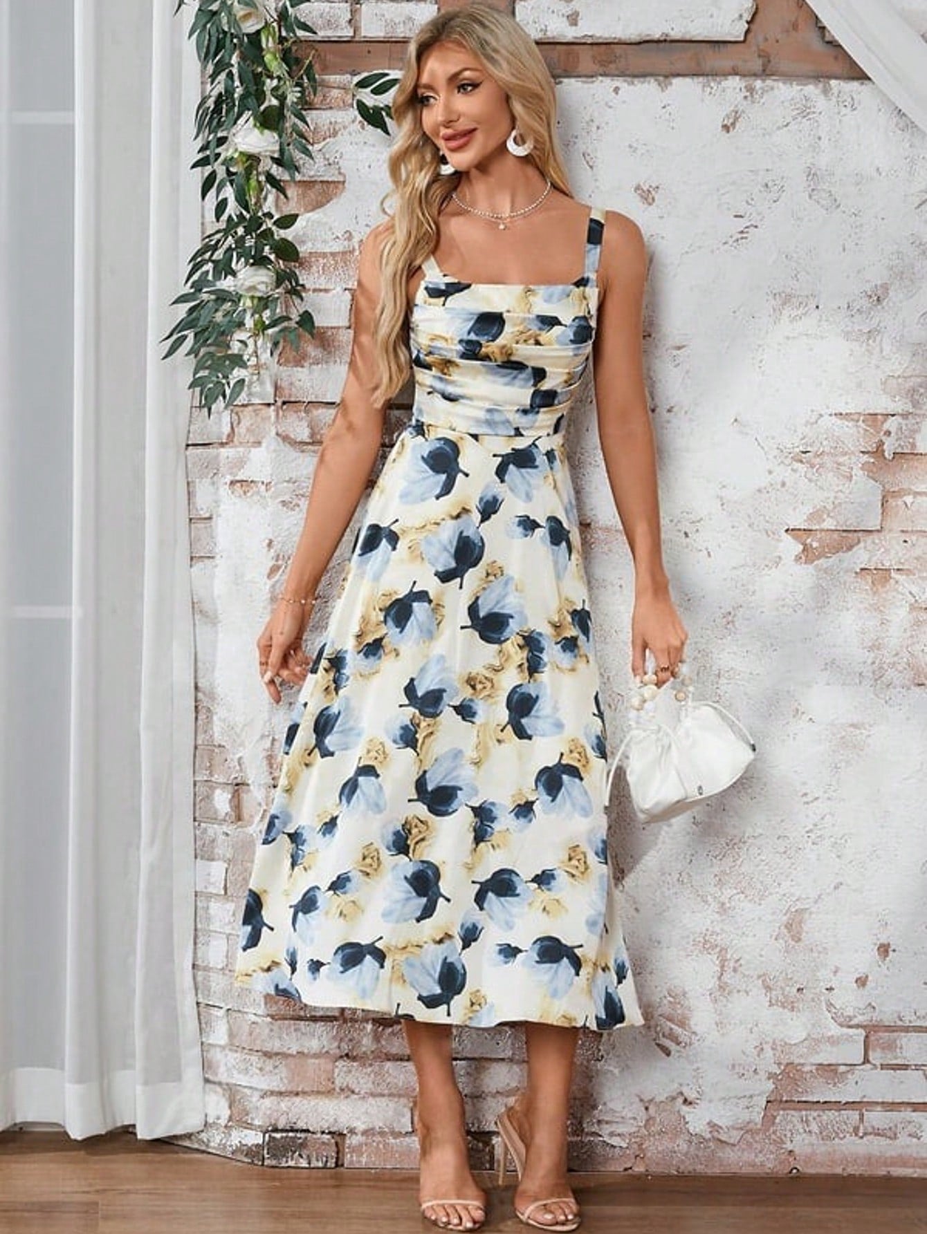 Pleated Floral Print Cowl A-Line Satin Midi Dress