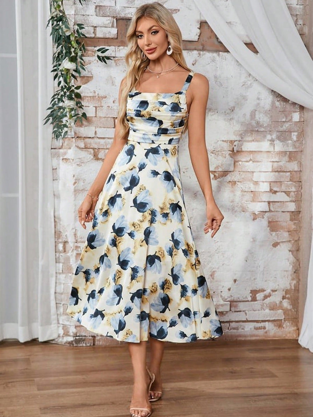 Pleated Floral Print Cowl A-Line Satin Midi Dress