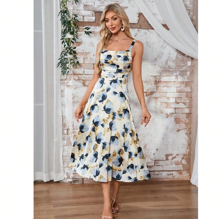 Pleated Floral Print Cowl A-Line Satin Midi Dress