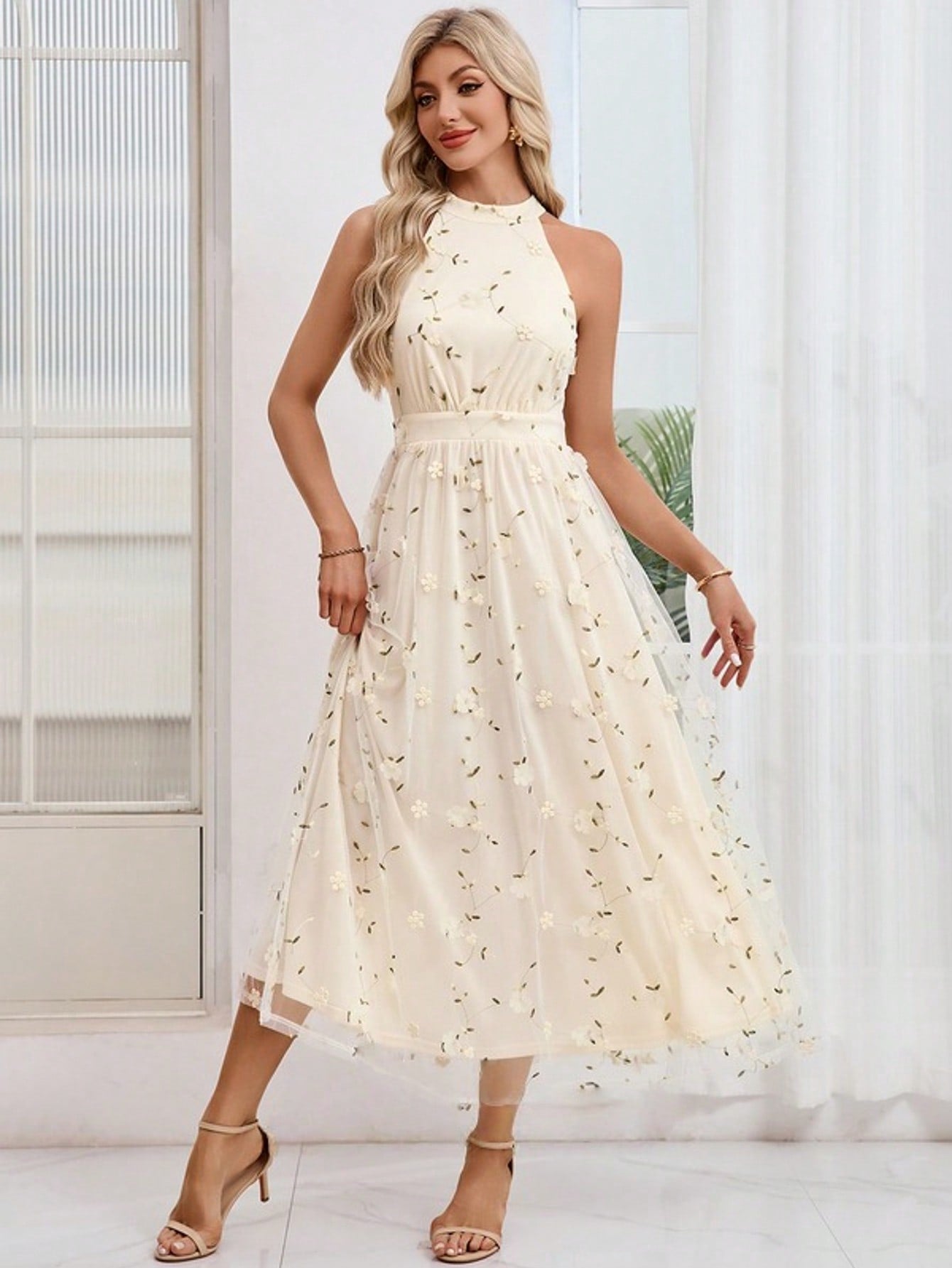 Embroidered Halter Sleeveless A-Line Tulle Maxi Dress