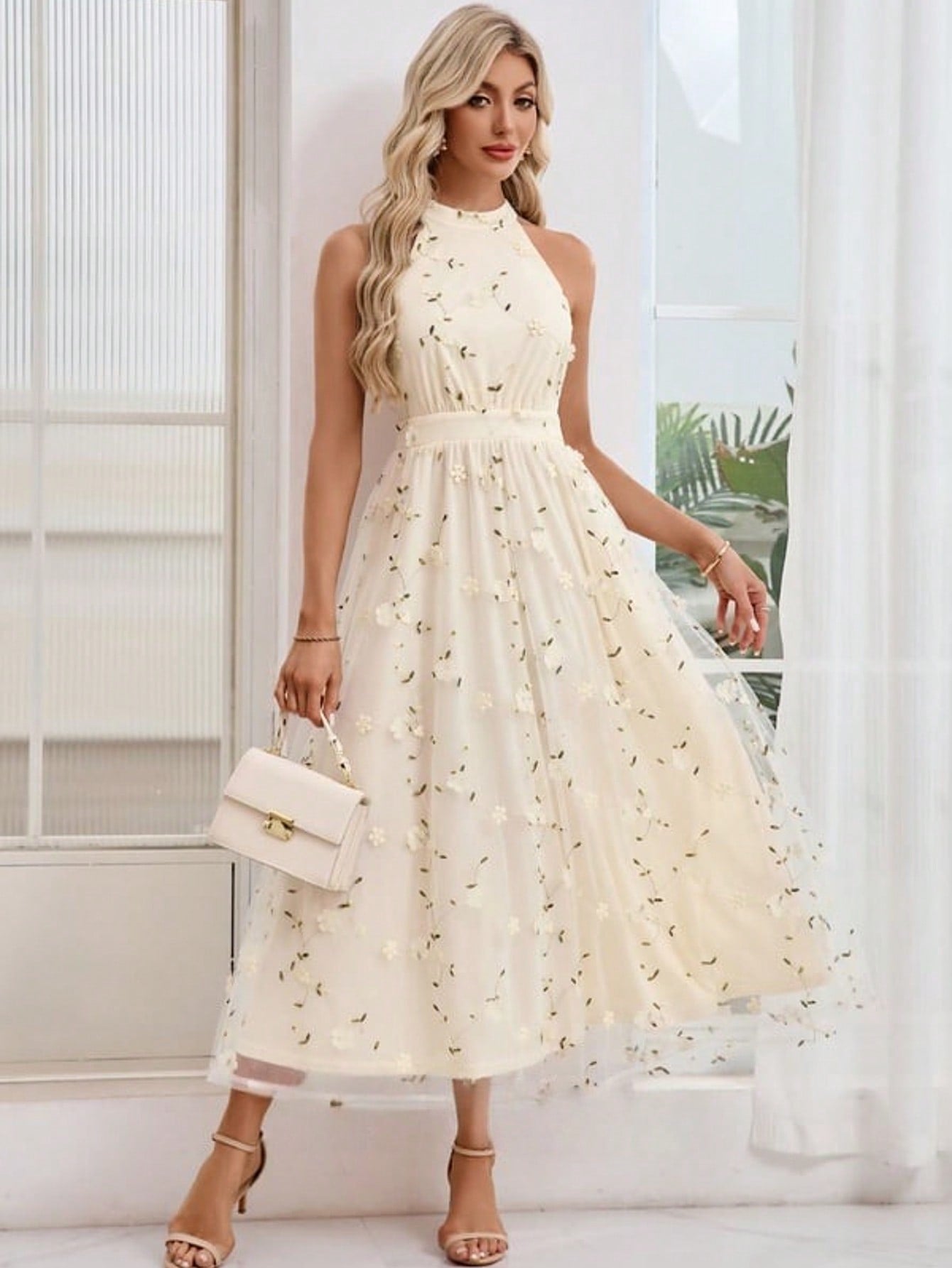 Embroidered Halter Sleeveless A-Line Tulle Maxi Dress