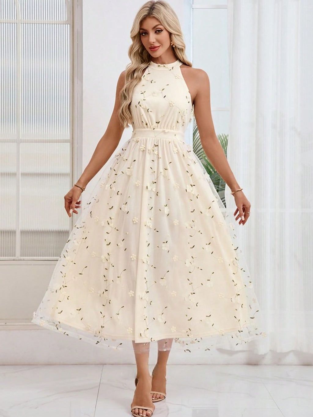 Embroidered Halter Sleeveless A-Line Tulle Maxi Dress