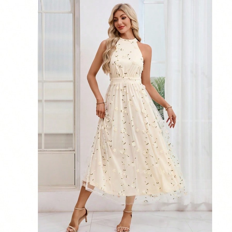 Embroidered Halter Sleeveless A-Line Tulle Maxi Dress