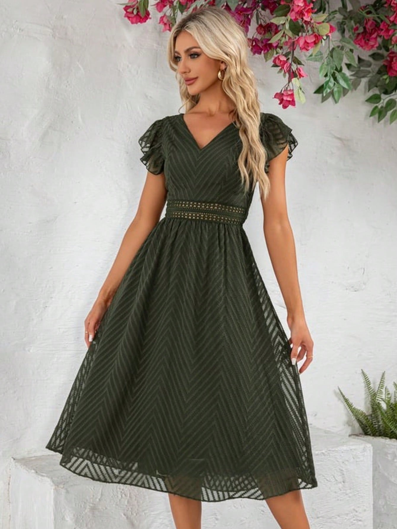 Ruffle V-Neck Cap Sleeve Flutter Sleeve A-Line Chiffon Jacquard Midi Dress For Summer & Fall Women's Clothing