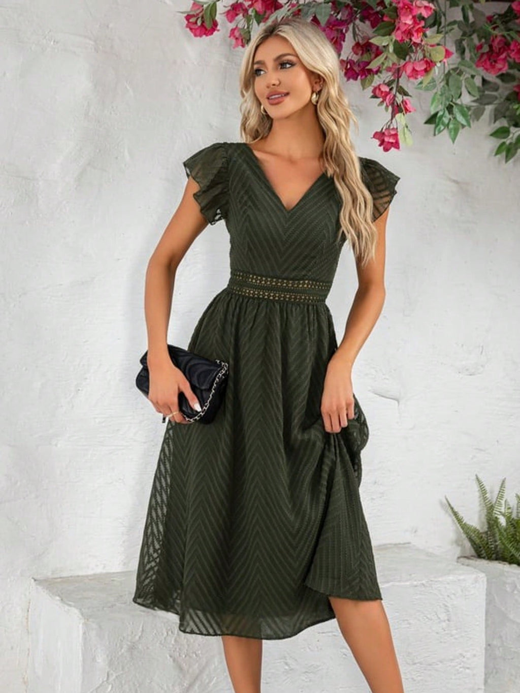 Ruffle V-Neck Cap Sleeve Flutter Sleeve A-Line Chiffon Jacquard Midi Dress For Summer & Fall Women's Clothing