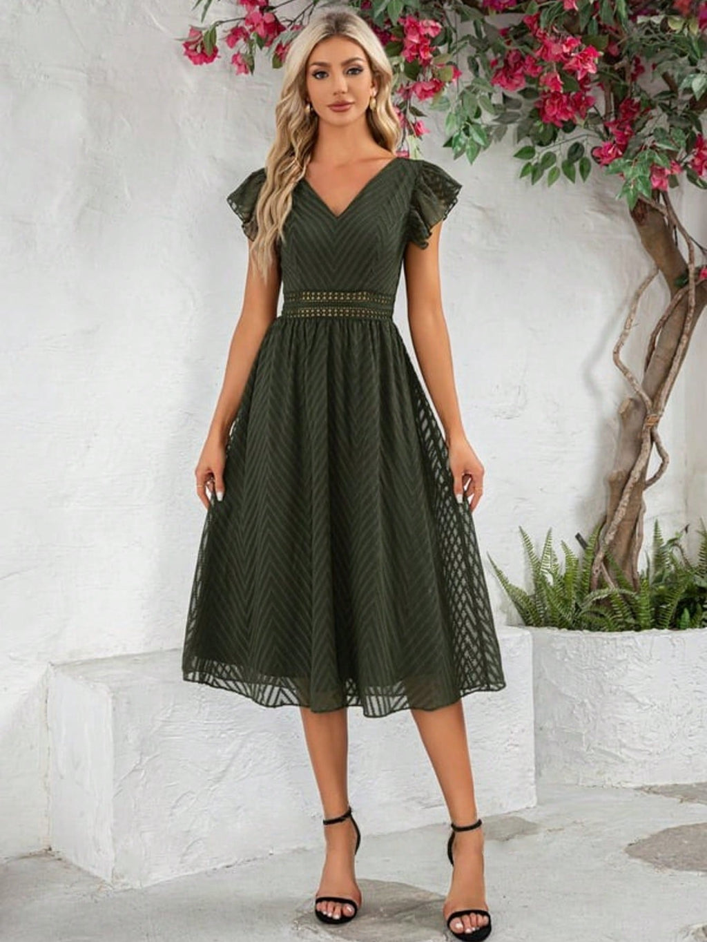 Ruffle V-Neck Cap Sleeve Flutter Sleeve A-Line Chiffon Jacquard Midi Dress For Summer & Fall Women's Clothing
