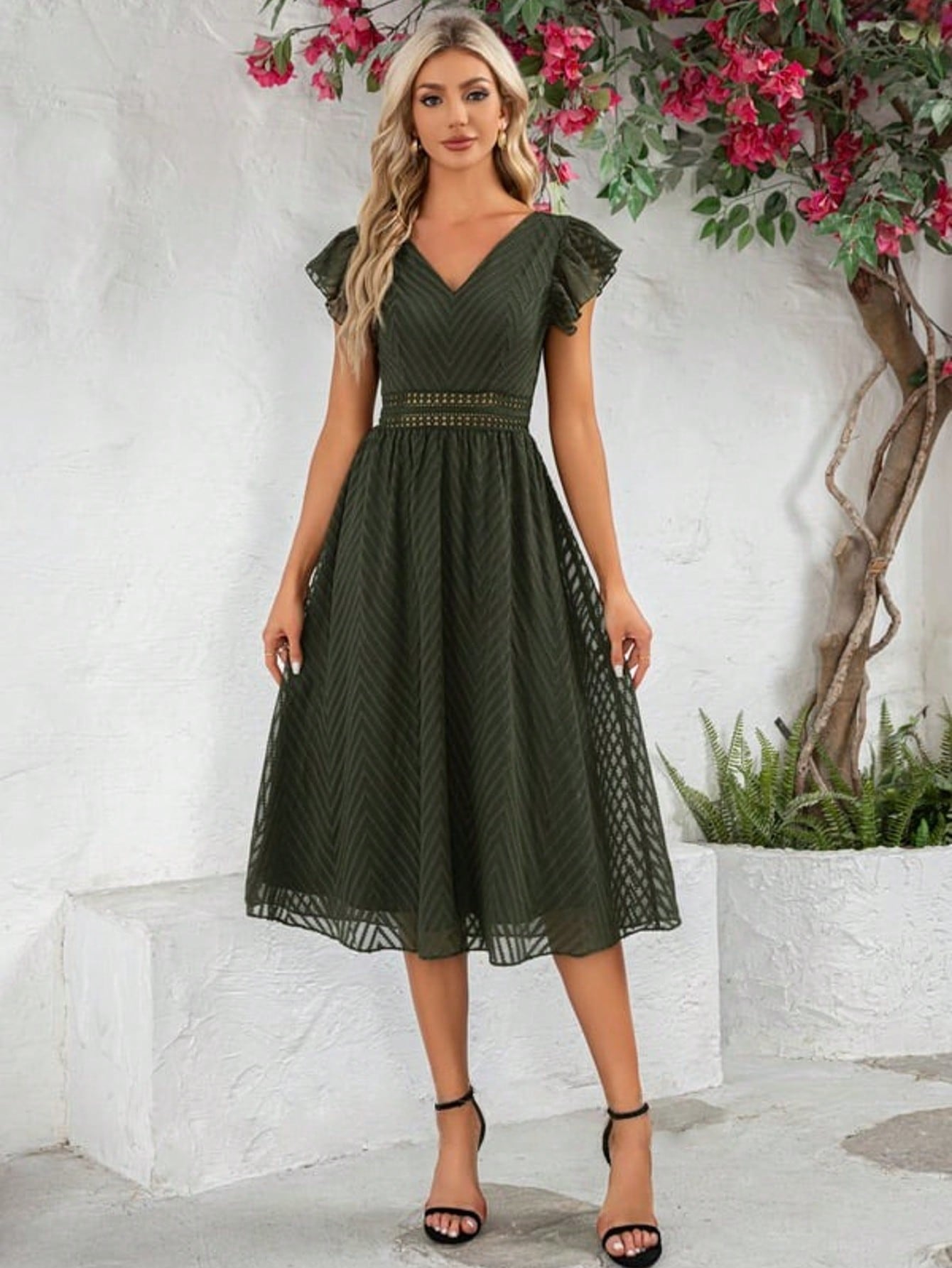 Ruffle V-Neck Cap Sleeve Flutter Sleeve A-Line Chiffon Jacquard Midi Dress For Summer & Fall Women's Clothing