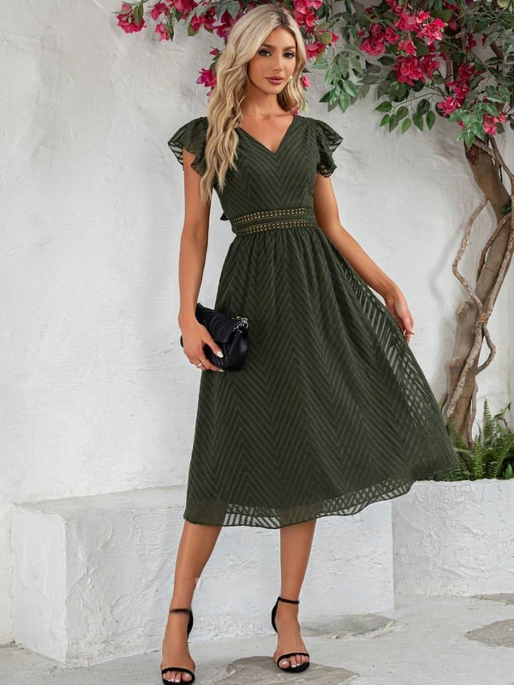 Ruffle V-Neck Cap Sleeve Flutter Sleeve A-Line Chiffon Jacquard Midi Dress For Summer & Fall Women's Clothing