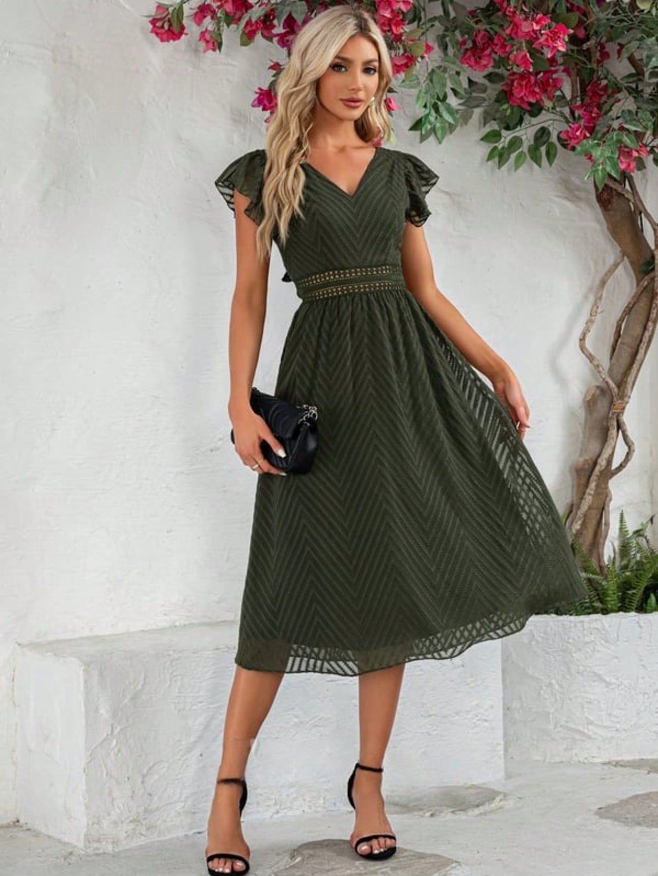 Ruffle V-Neck Cap Sleeve Flutter Sleeve A-Line Chiffon Jacquard Midi Dress For Summer & Fall Women's Clothing