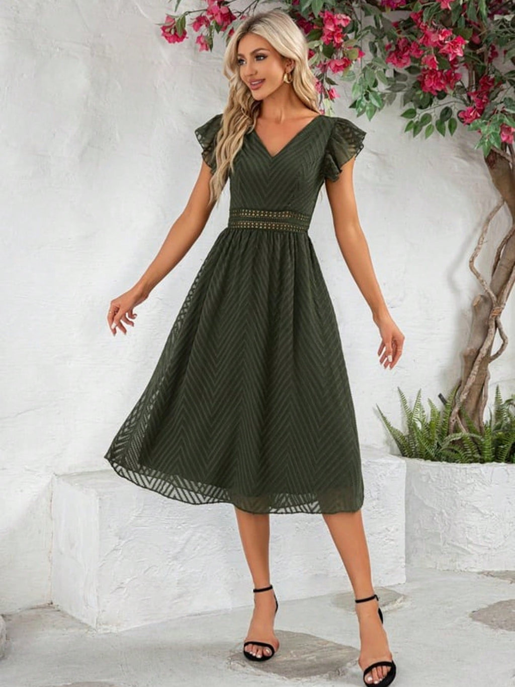 Ruffle V-Neck Cap Sleeve Flutter Sleeve A-Line Chiffon Jacquard Midi Dress For Summer & Fall Women's Clothing