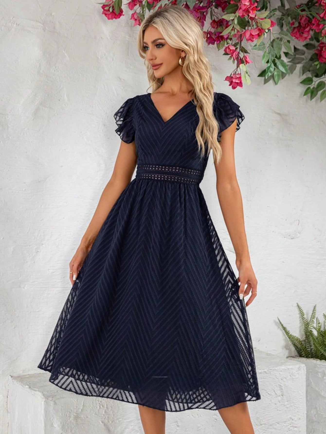 Ruffle V-Neck Cap Sleeve Flutter Sleeve A-Line Chiffon Jacquard Midi Dress For Summer & Fall Women's Clothing