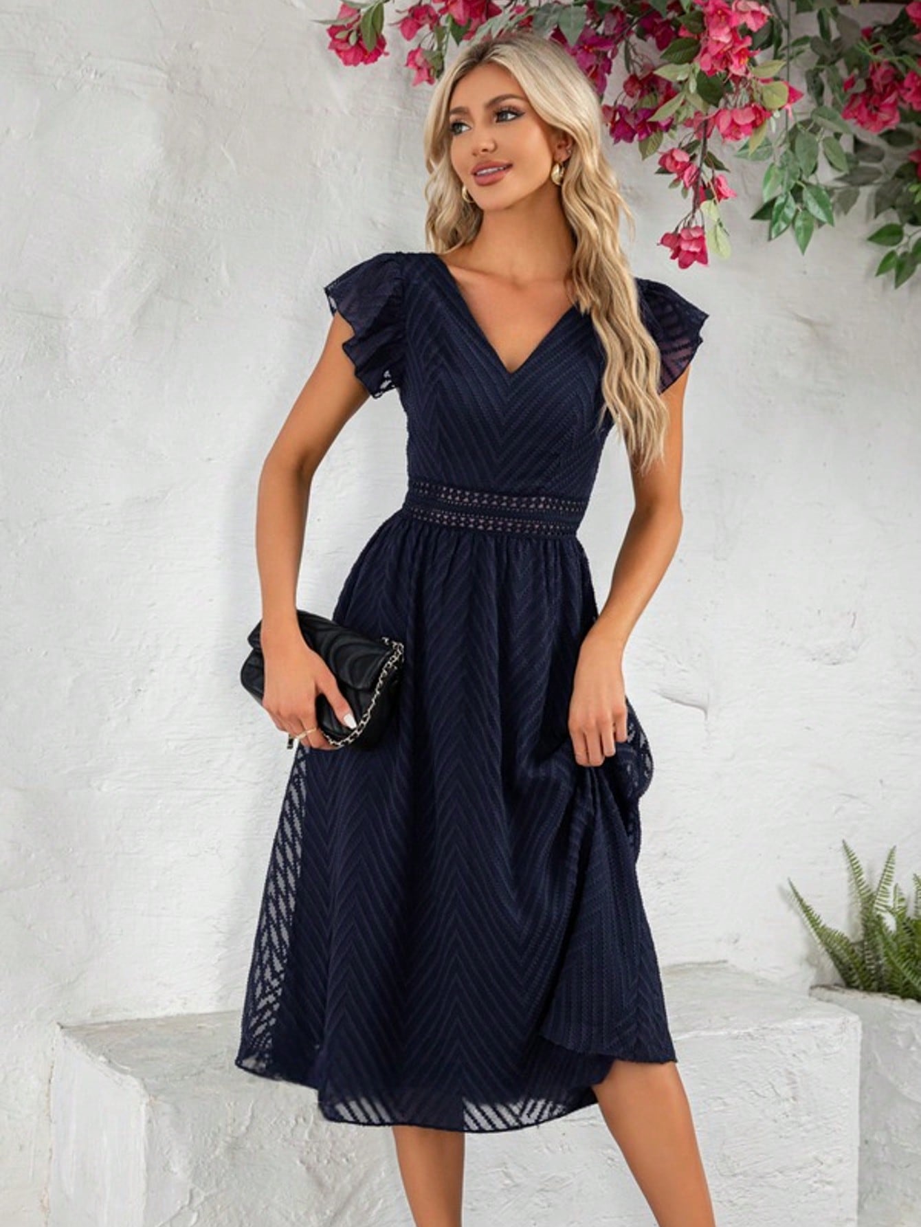 Ruffle V-Neck Cap Sleeve Flutter Sleeve A-Line Chiffon Jacquard Midi Dress For Summer & Fall Women's Clothing