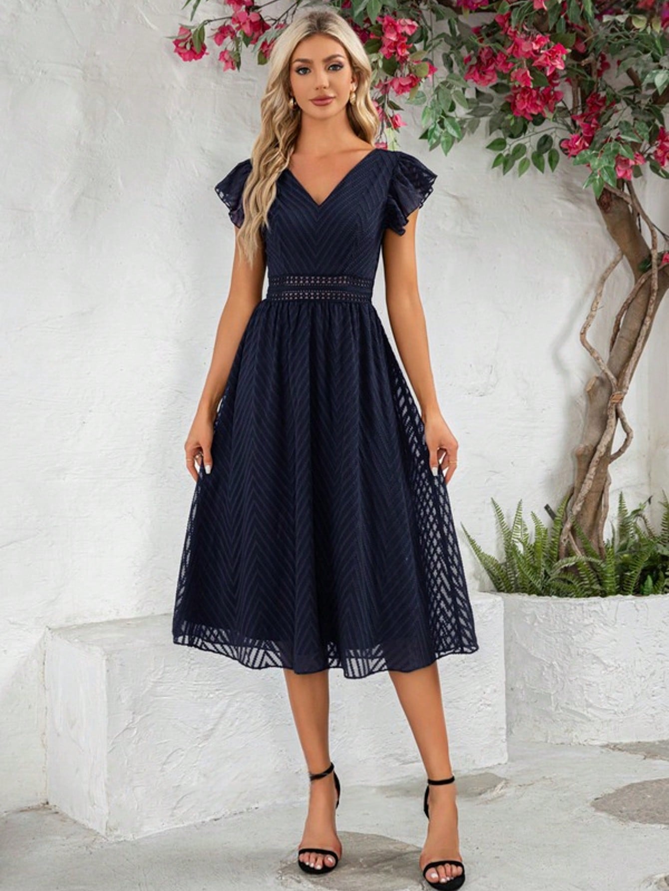 Ruffle V-Neck Cap Sleeve Flutter Sleeve A-Line Chiffon Jacquard Midi Dress For Summer & Fall Women's Clothing