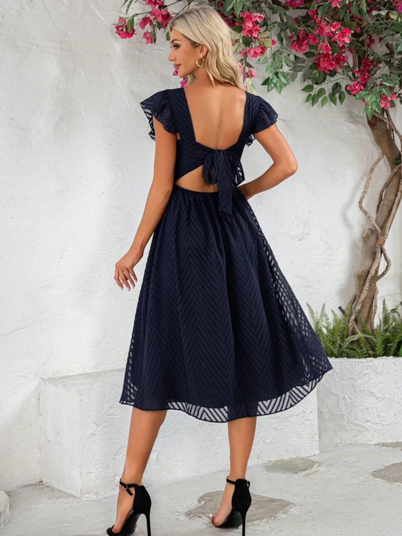 Ruffle V-Neck Cap Sleeve Flutter Sleeve A-Line Chiffon Jacquard Midi Dress For Summer & Fall Women's Clothing