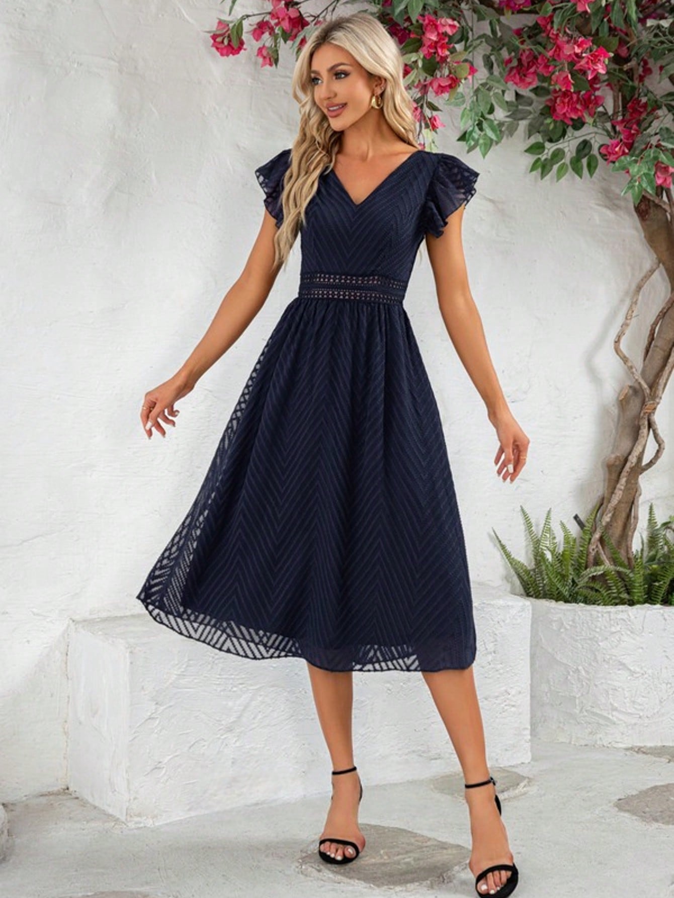 Ruffle V-Neck Cap Sleeve Flutter Sleeve A-Line Chiffon Jacquard Midi Dress For Summer & Fall Women's Clothing