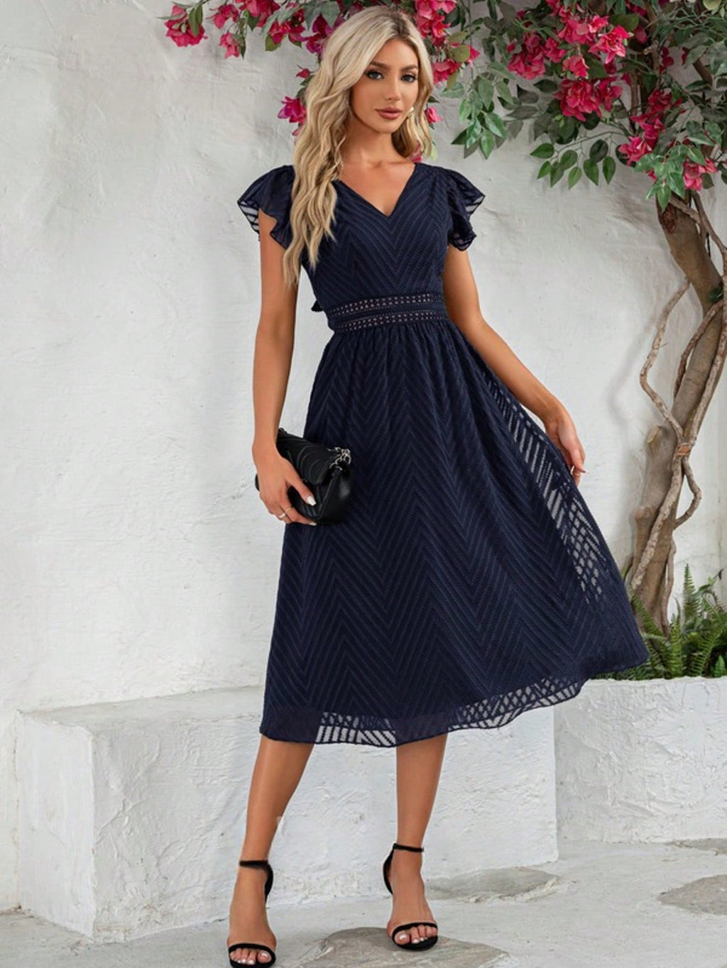 Ruffle V-Neck Cap Sleeve Flutter Sleeve A-Line Chiffon Jacquard Midi Dress For Summer & Fall Women's Clothing