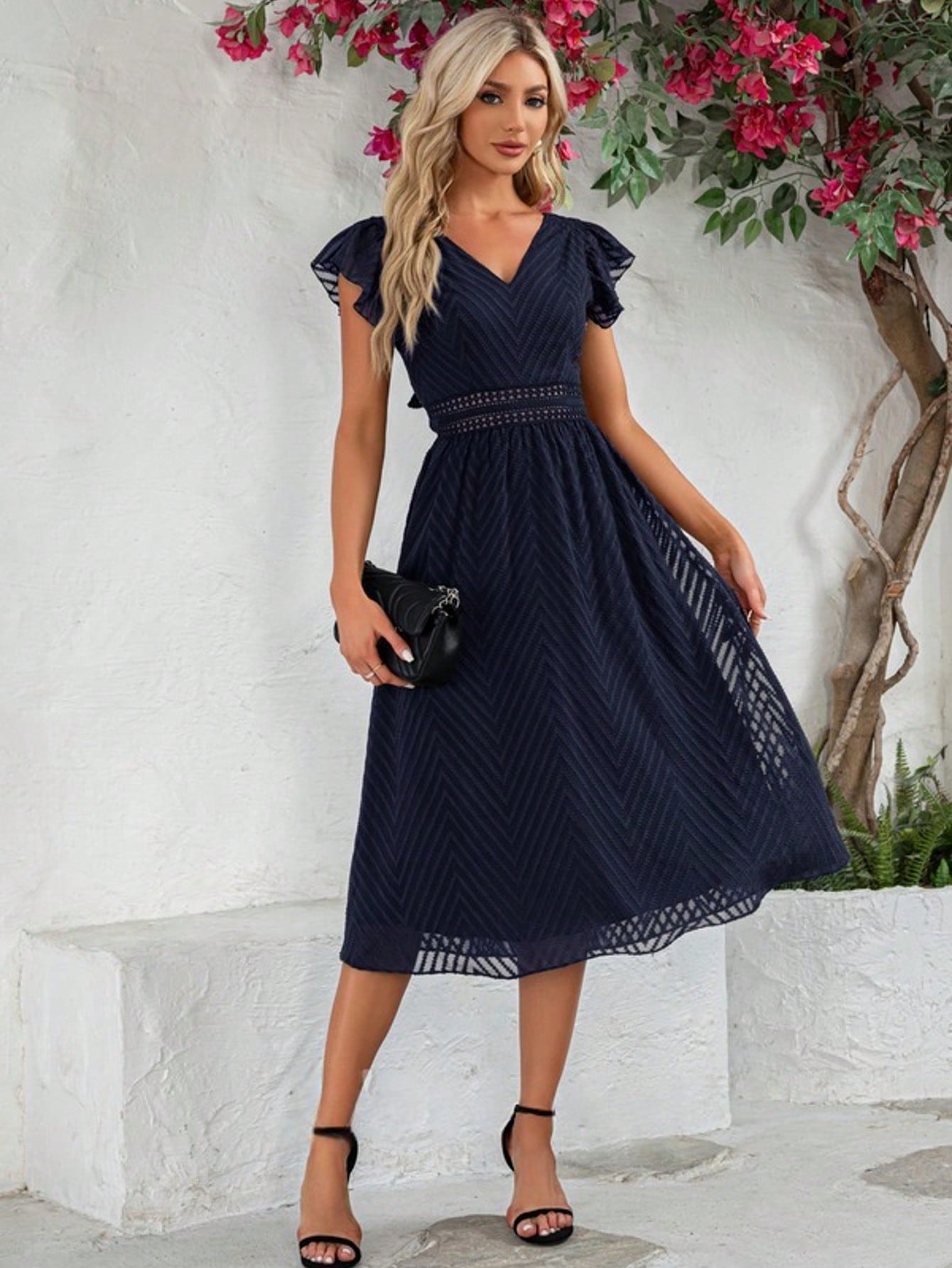 Ruffle V-Neck Cap Sleeve Flutter Sleeve A-Line Chiffon Jacquard Midi Dress For Summer & Fall Women's Clothing