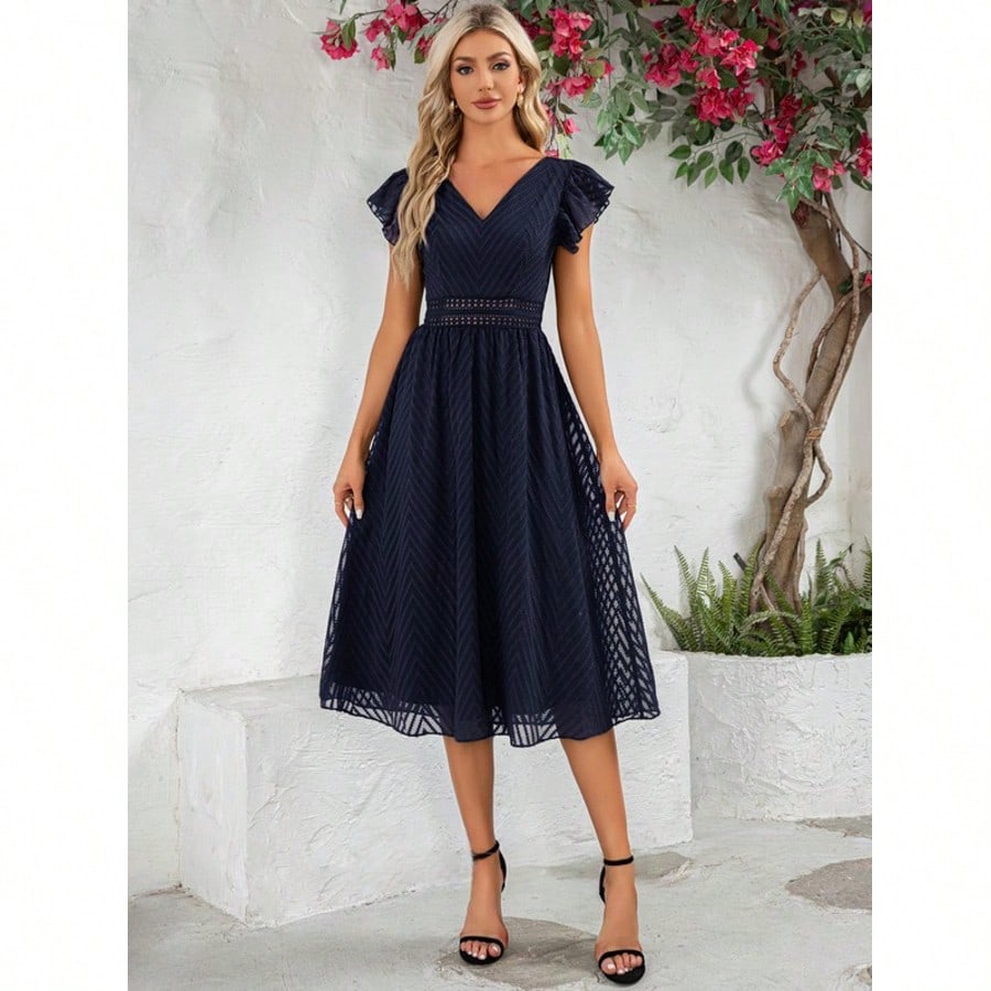 Ruffle V-Neck Cap Sleeve Flutter Sleeve A-Line Chiffon Jacquard Midi Dress For Summer & Fall Women's Clothing
