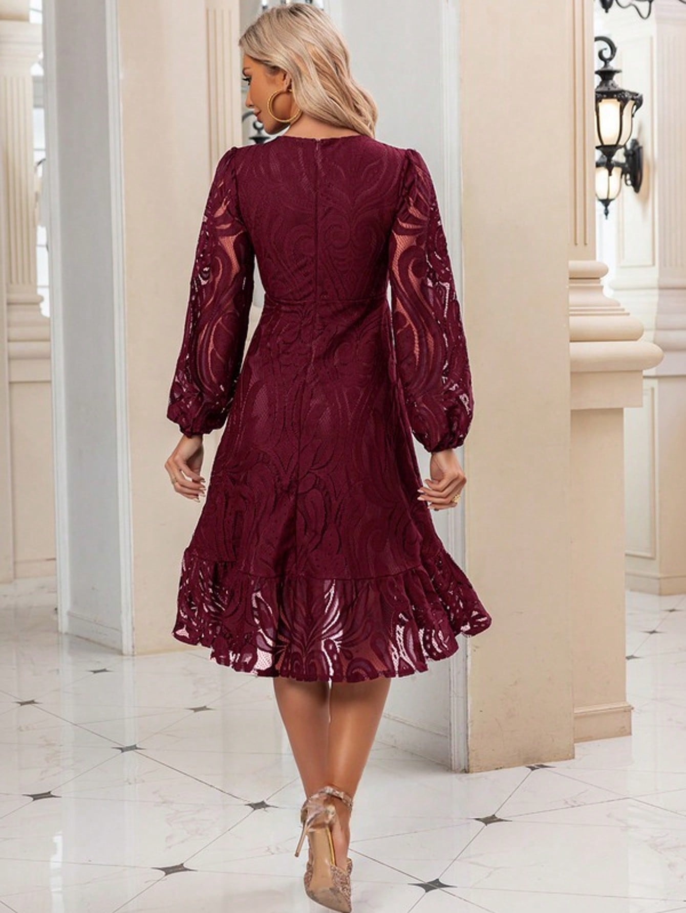 Ruffle V-Neck Long Sleeve A-Line Lace Midi Dress