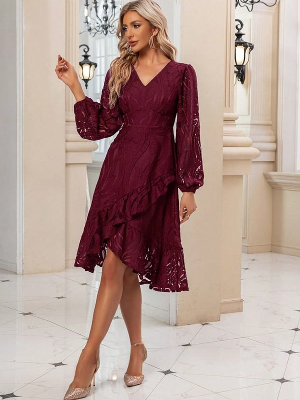 Ruffle V-Neck Long Sleeve A-Line Lace Midi Dress