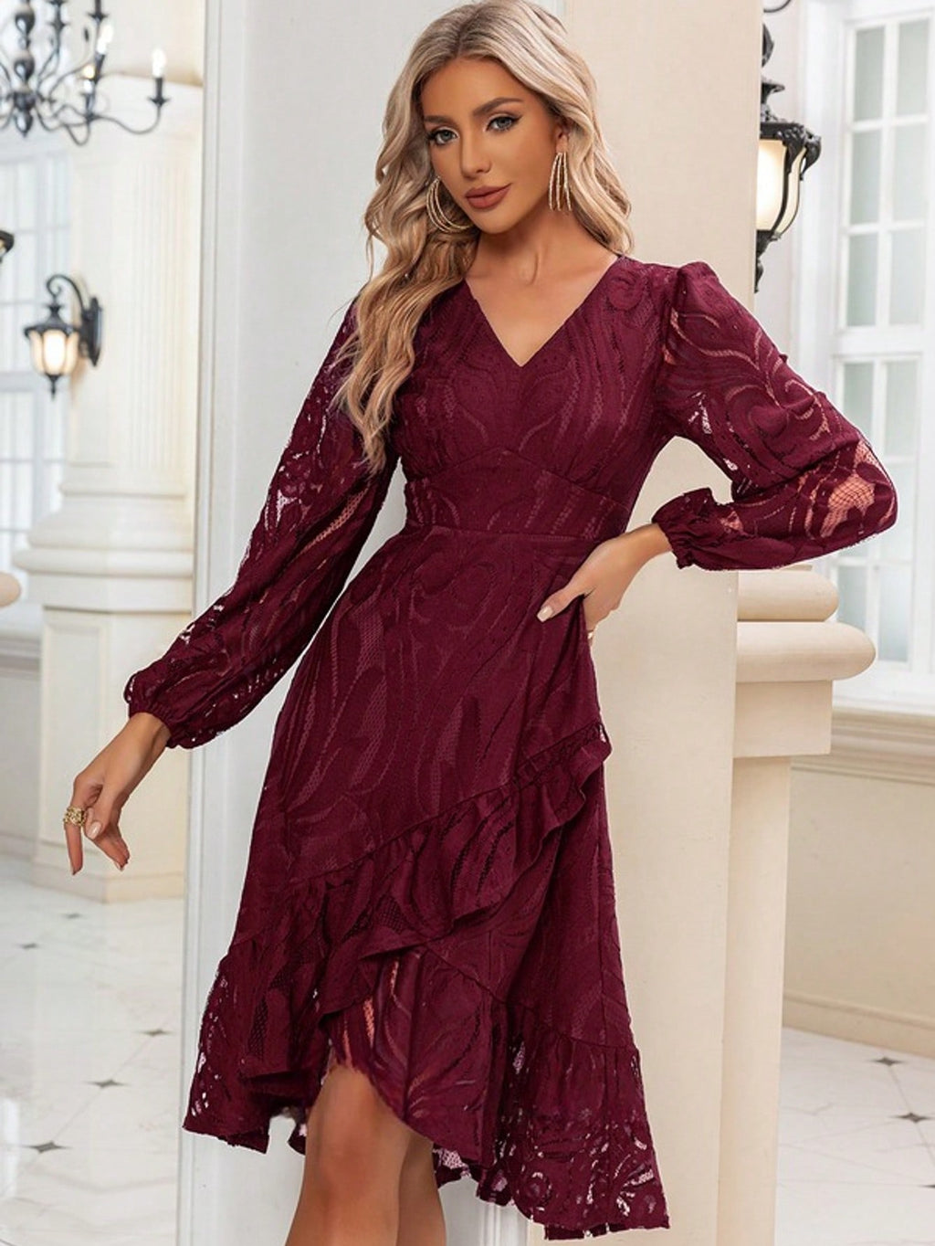 Ruffle V-Neck Long Sleeve A-Line Lace Midi Dress