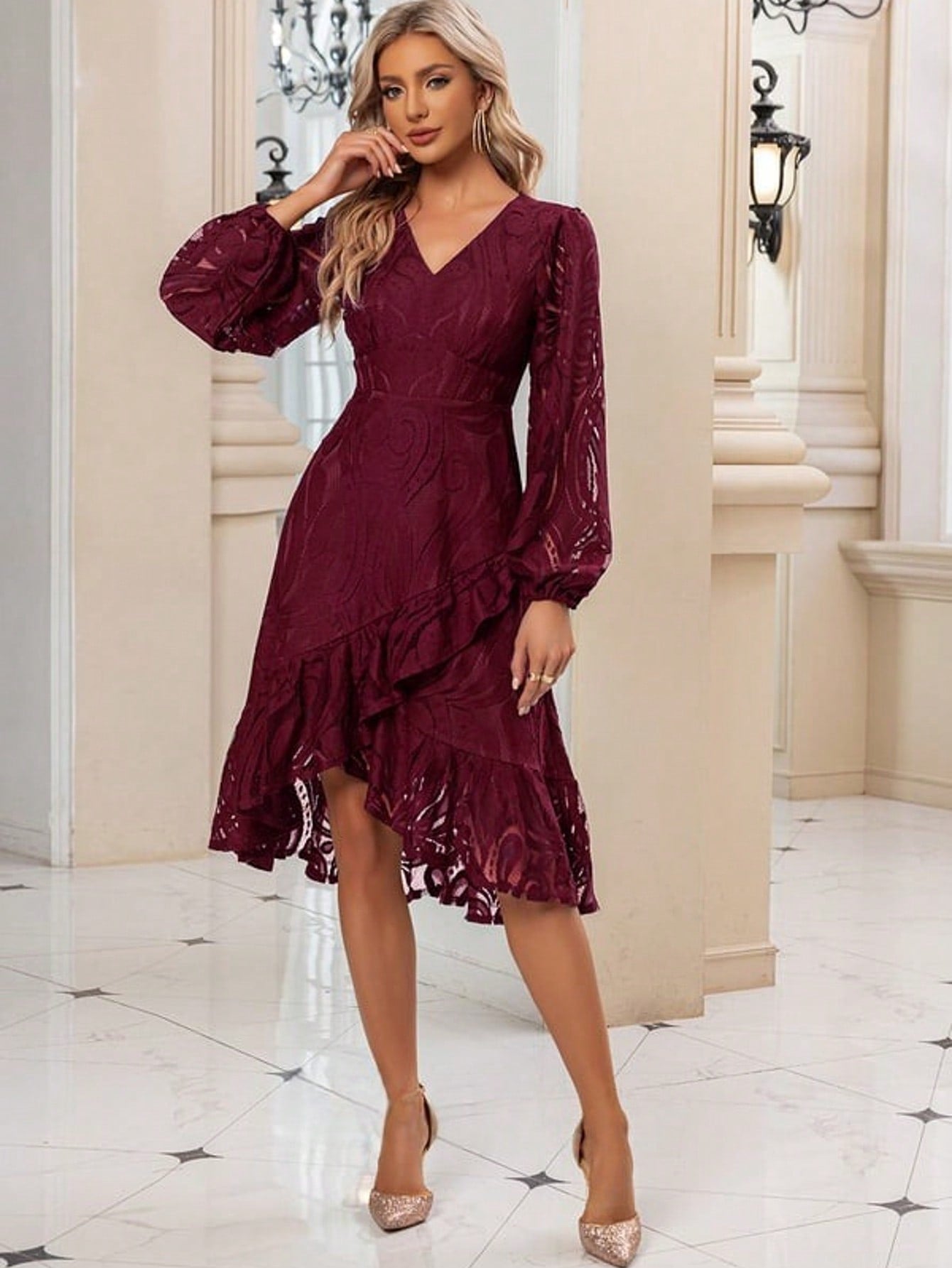 Ruffle V-Neck Long Sleeve A-Line Lace Midi Dress
