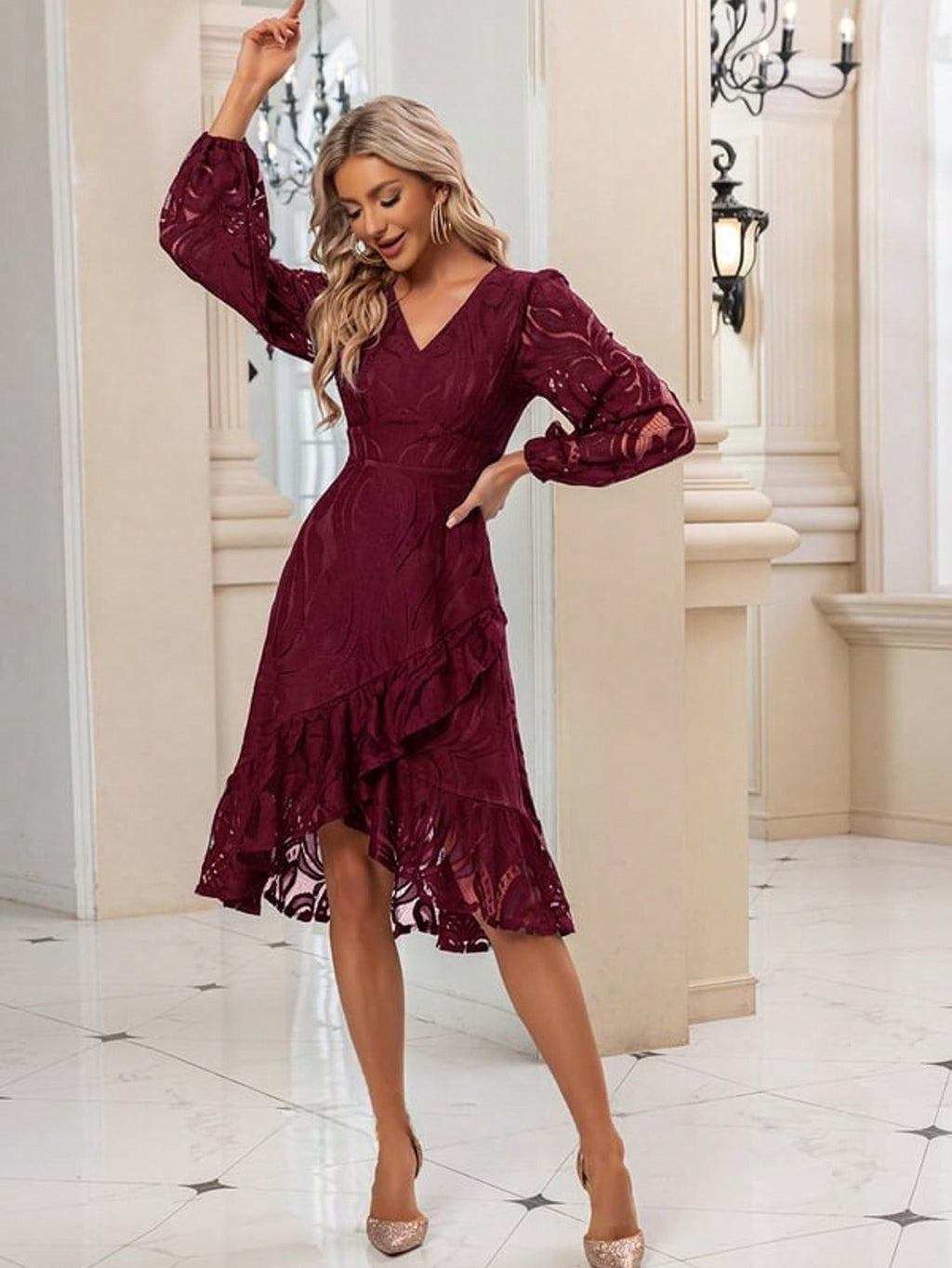 Ruffle V-Neck Long Sleeve A-Line Lace Midi Dress