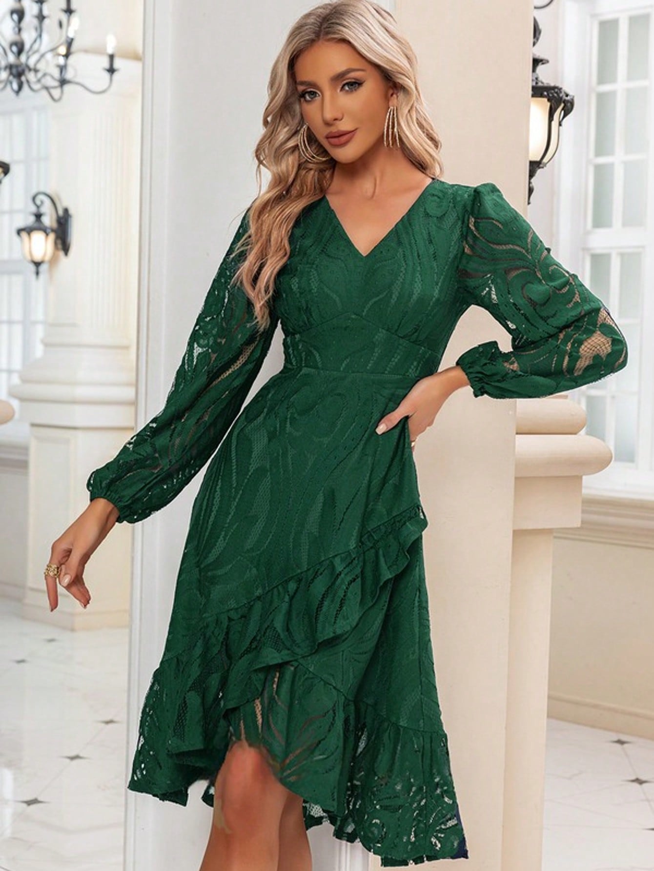 Ruffle V-Neck Long Sleeve A-Line Lace Midi Dress