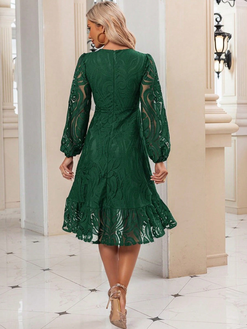 Ruffle V-Neck Long Sleeve A-Line Lace Midi Dress