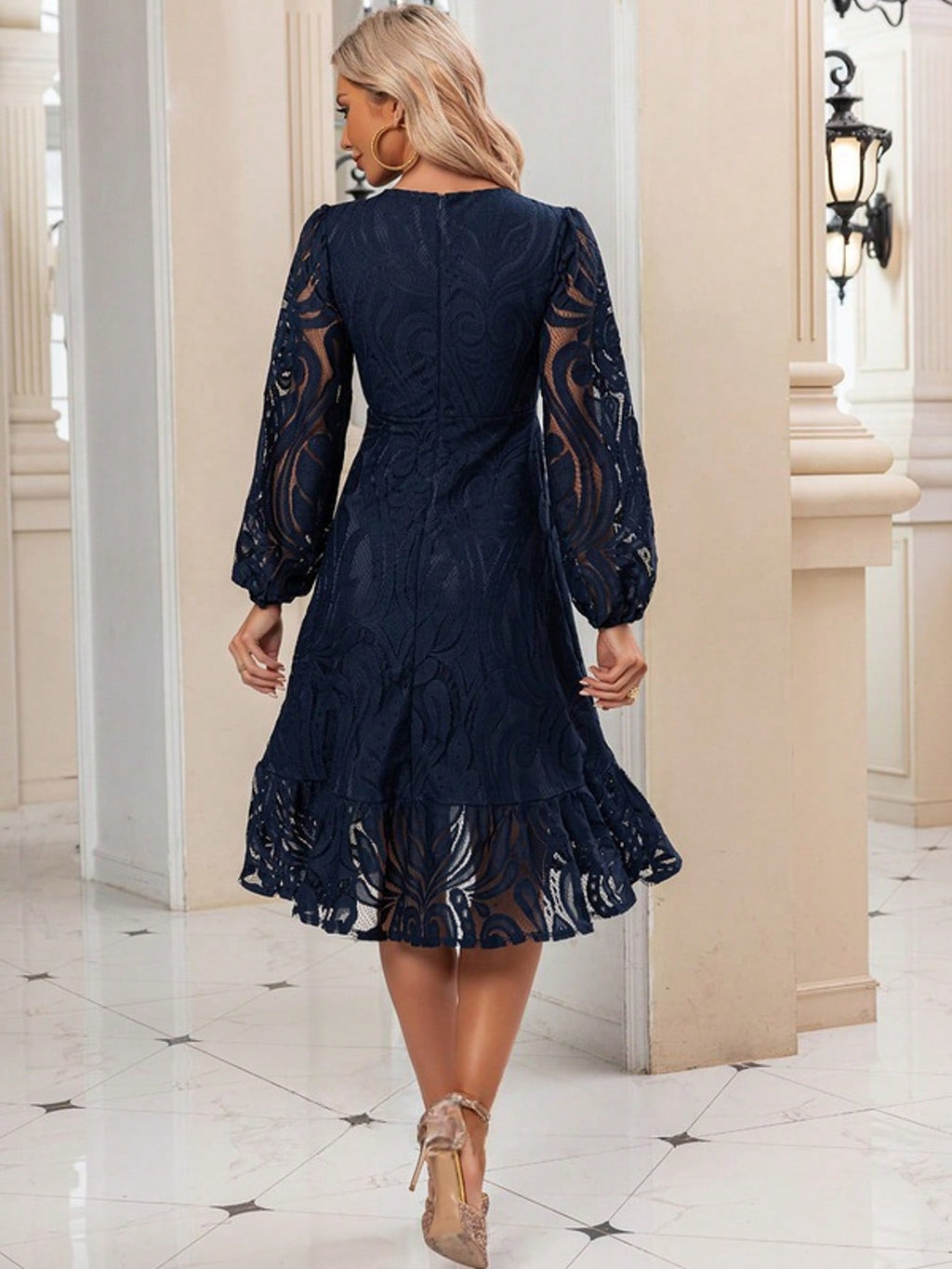 Ruffle V-Neck Long Sleeve A-Line Lace Midi Dress