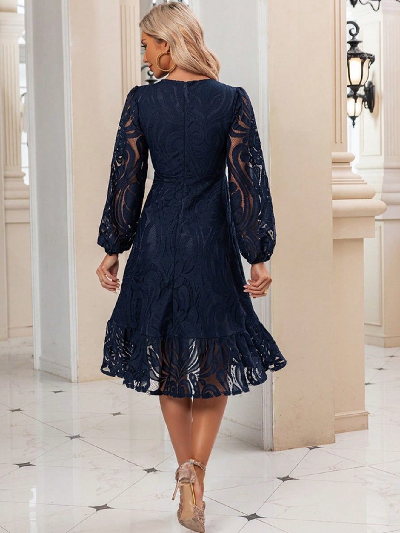 Ruffle V-Neck Long Sleeve A-Line Lace Midi Dress