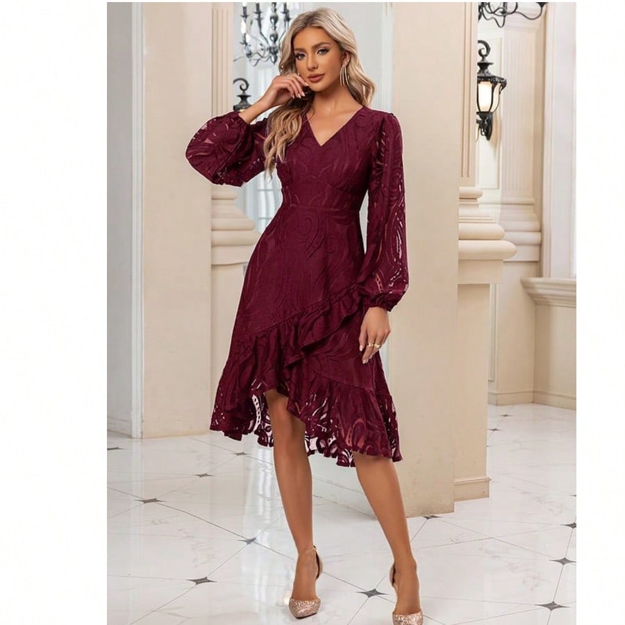 Ruffle V-Neck Long Sleeve A-Line Lace Midi Dress