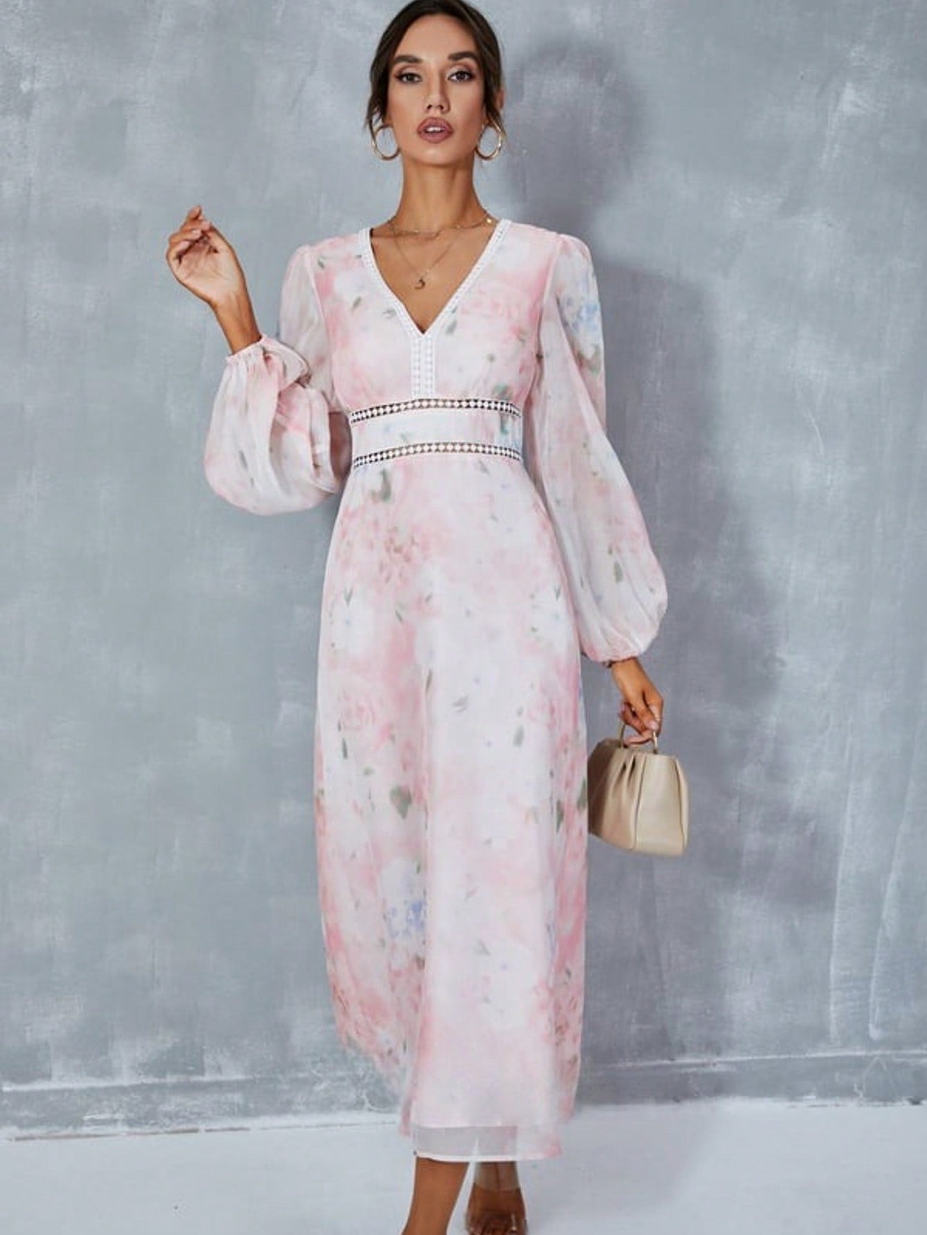 Floral Print V-Neck A-Line Chiffon Midi Dress  For Summer & Fall Women's Dress