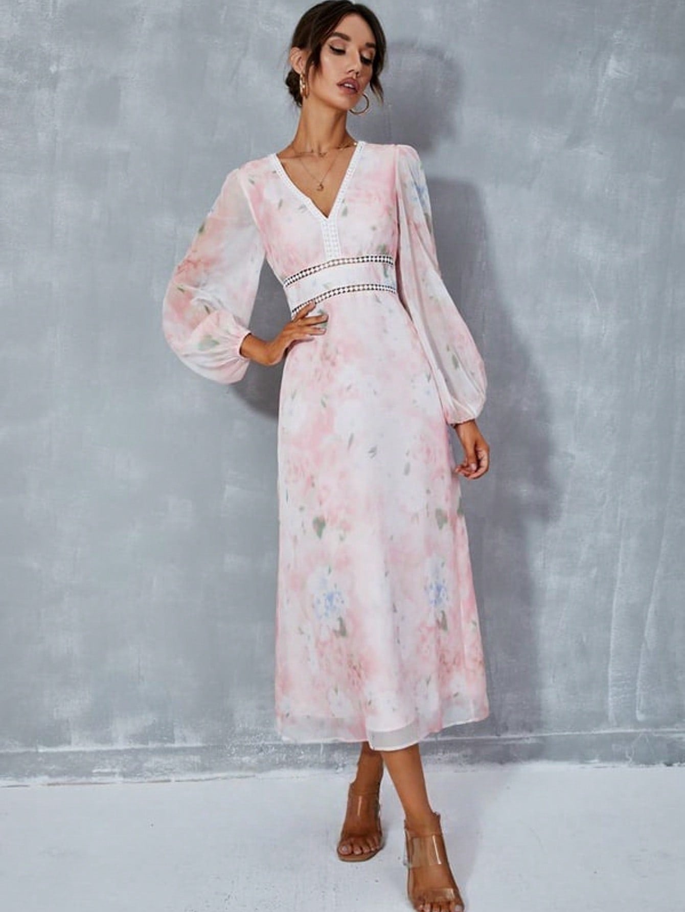 Floral Print V-Neck A-Line Chiffon Midi Dress  For Summer & Fall Women's Dress