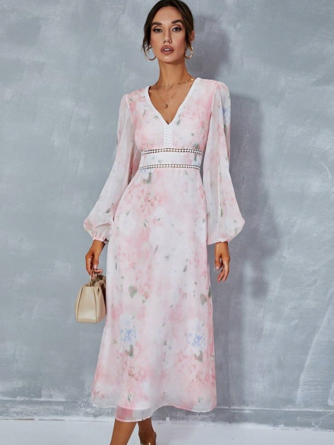 Floral Print V-Neck A-Line Chiffon Midi Dress  For Summer & Fall Women's Dress