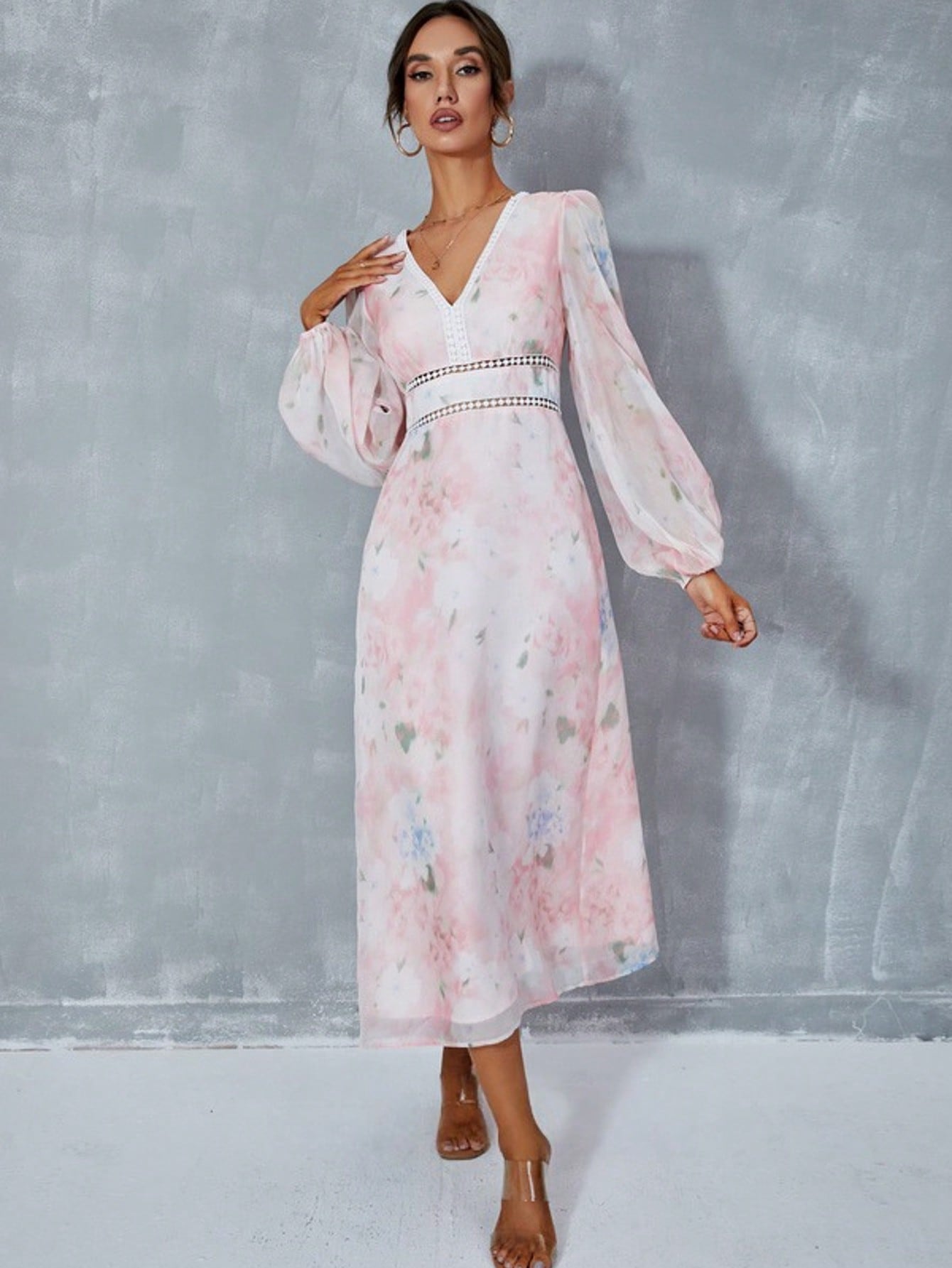 Floral Print V-Neck A-Line Chiffon Midi Dress  For Summer & Fall Women's Dress