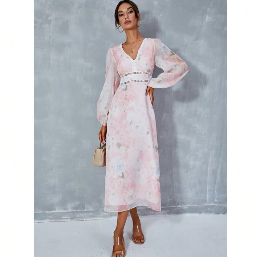 Floral Print V-Neck A-Line Chiffon Midi Dress  For Summer & Fall Women's Dress