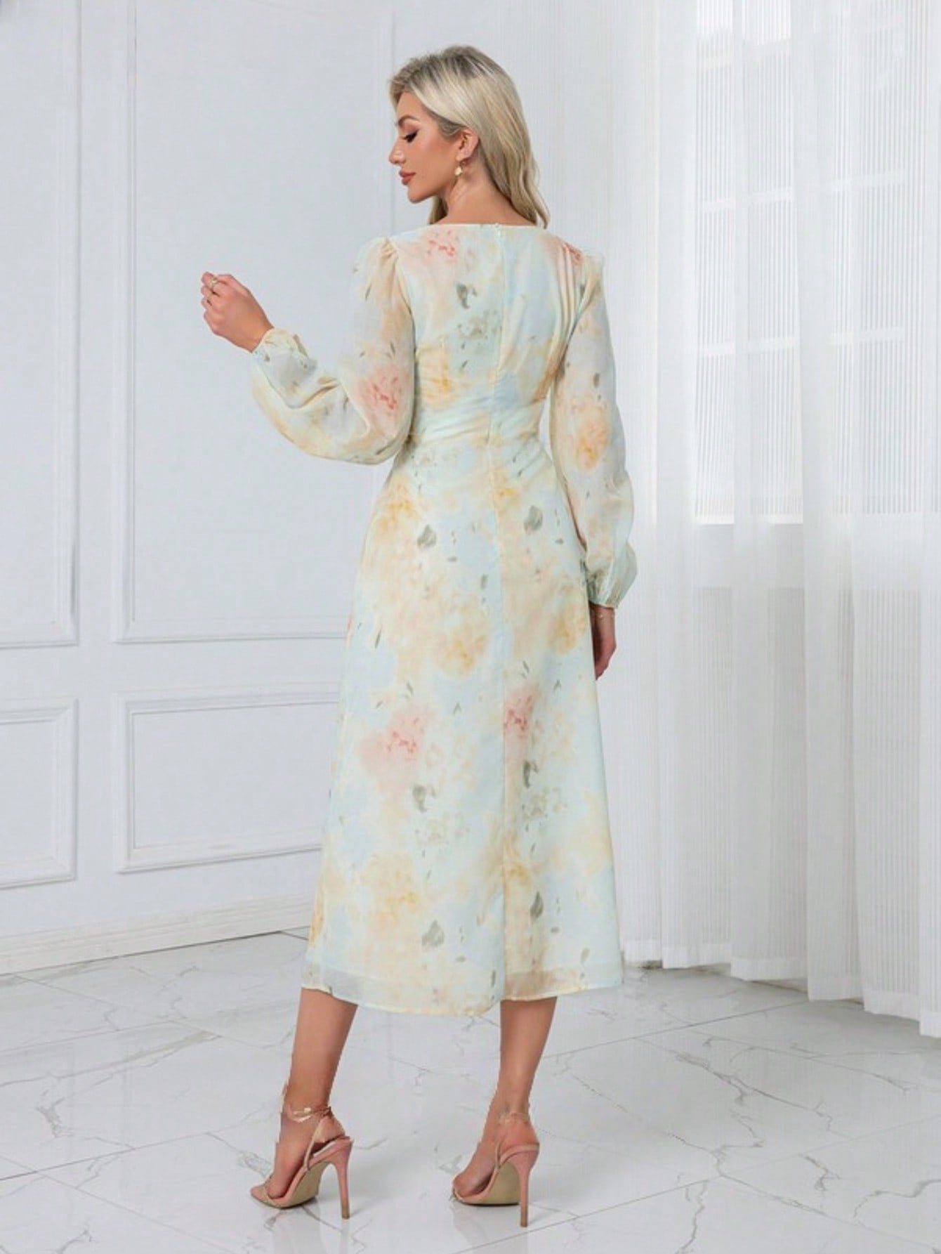 Floral Print V-Neck A-Line Chiffon Midi Dress  For Summer & Fall Women's Dress