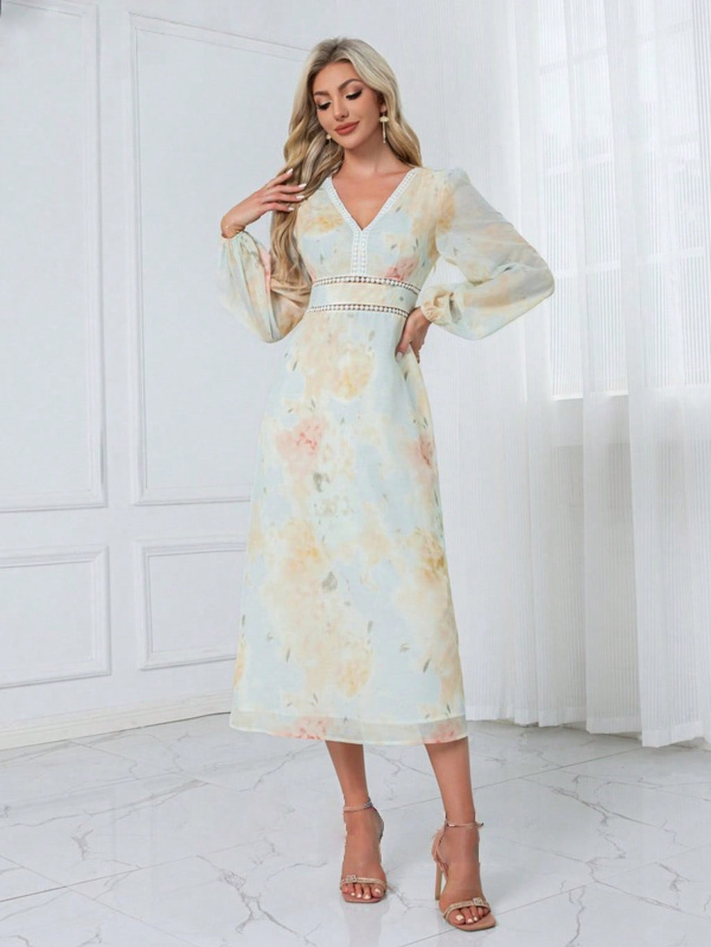 Floral Print V-Neck A-Line Chiffon Midi Dress  For Summer & Fall Women's Dress